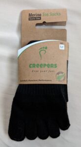 Creepers Merino wool toe socks in packaging, Quarter Crew, Size M