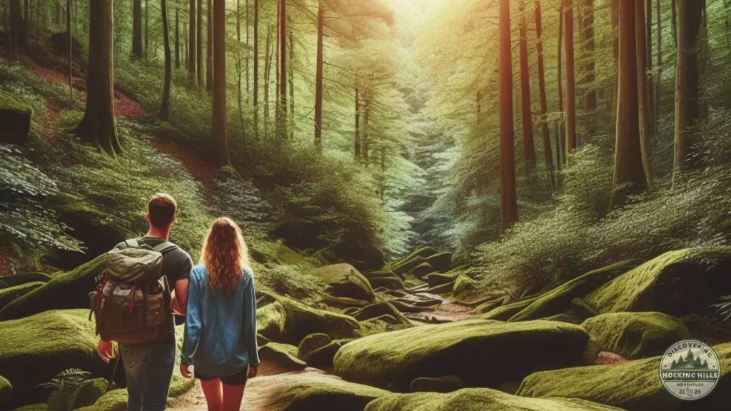 Image of man and woman hiking in a forest with large rocks around them.